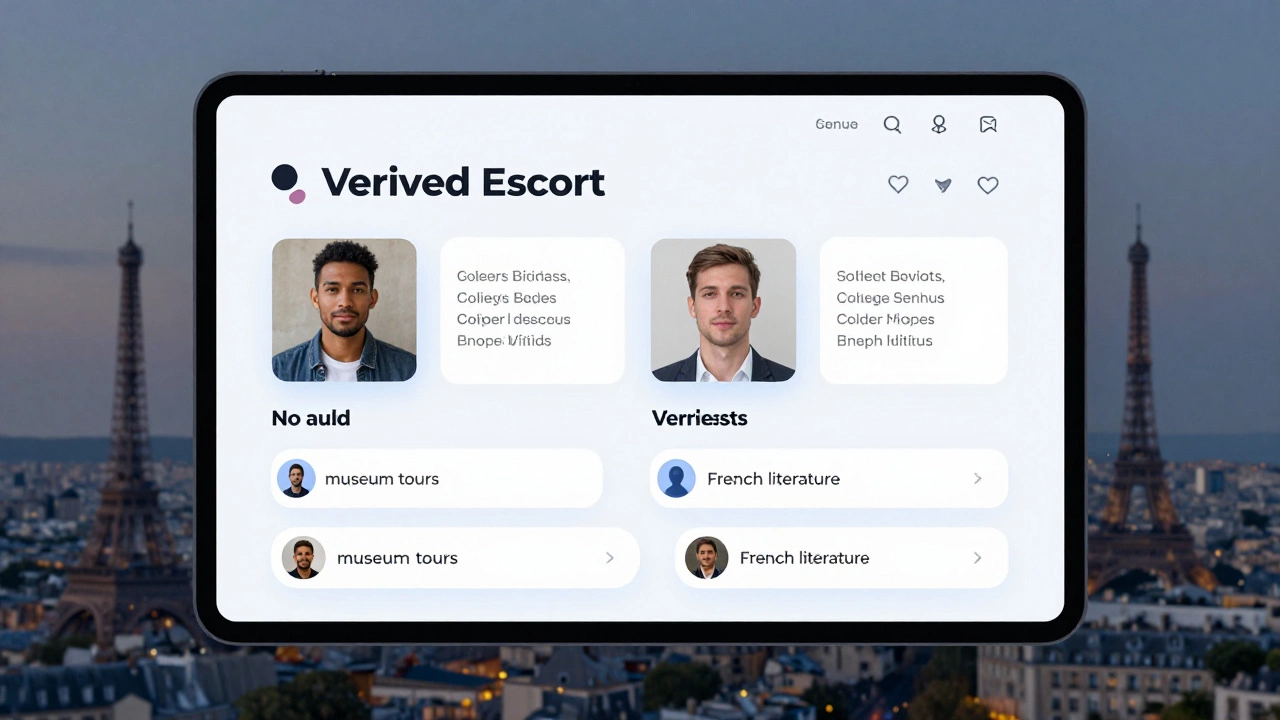 A clean digital interface shows verified Paris escort profiles with safety indicators and reviews.