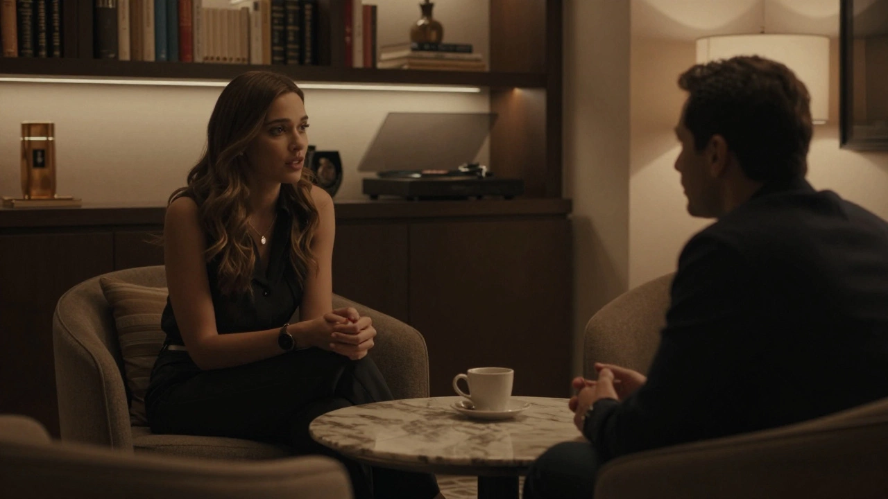 A European woman engages in thoughtful conversation with a client in a refined hotel lounge, exuding trust and discretion.