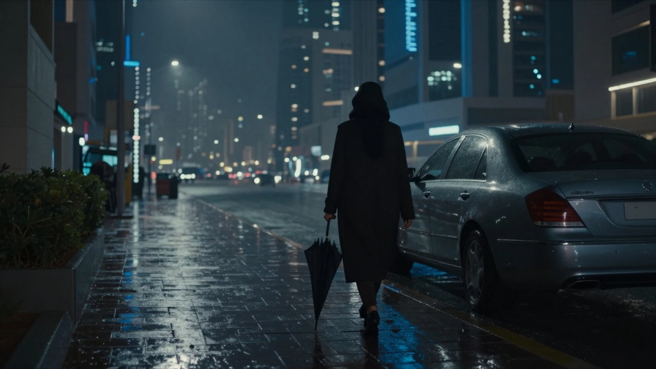 A lone woman walks away from a luxury car at night in Dubai, her silhouette blending into the city’s quiet streets.