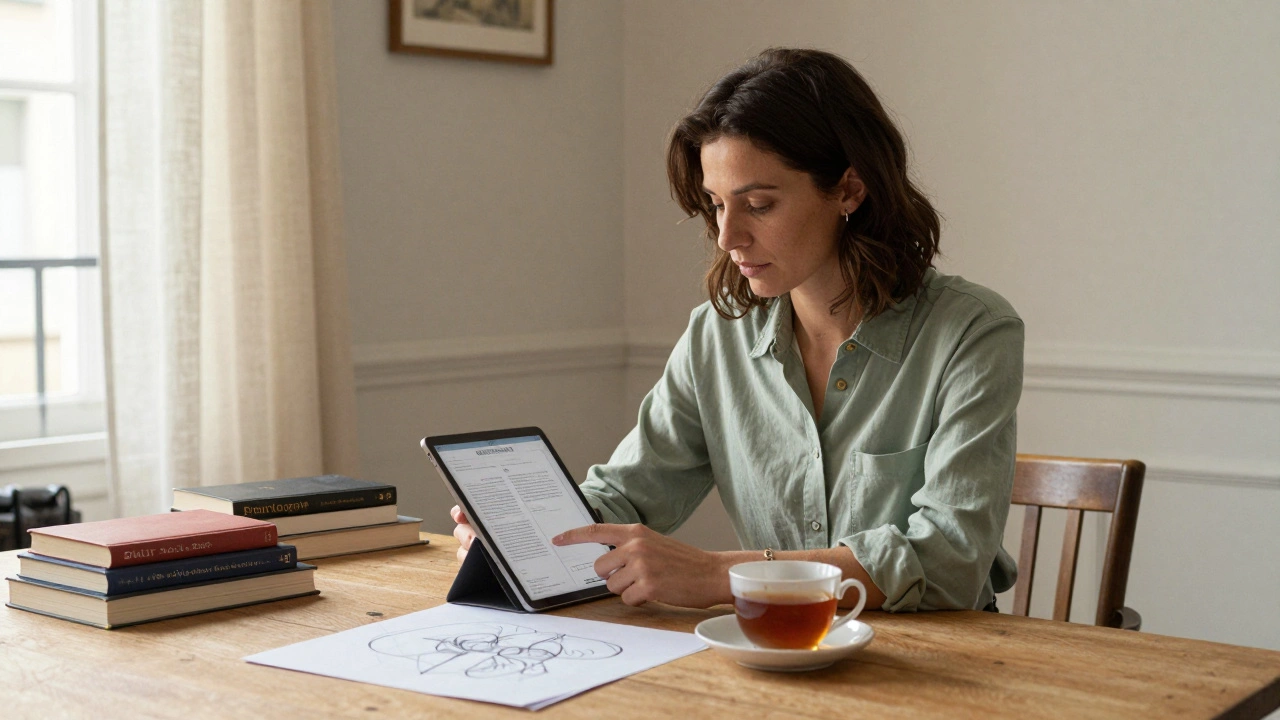 A professional woman reviews client profiles at home, surrounded by books and tea in soft daylight.